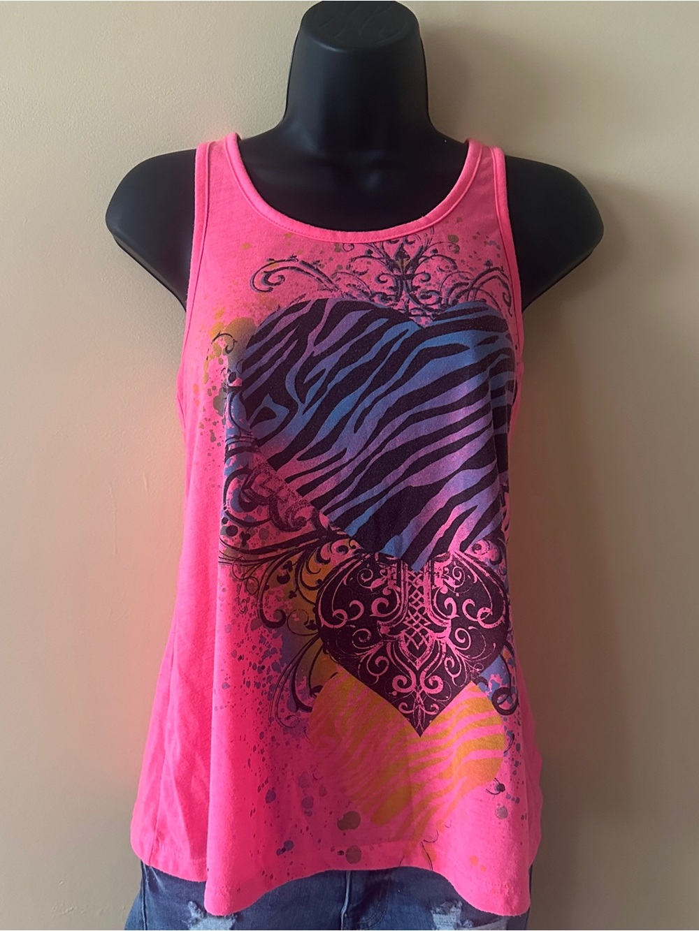 Hybrid Neon Pink Zebra Heart Graphic Racerback Tank | Size Small